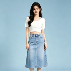 浅蓝A字牛仔半身裙搭配大全